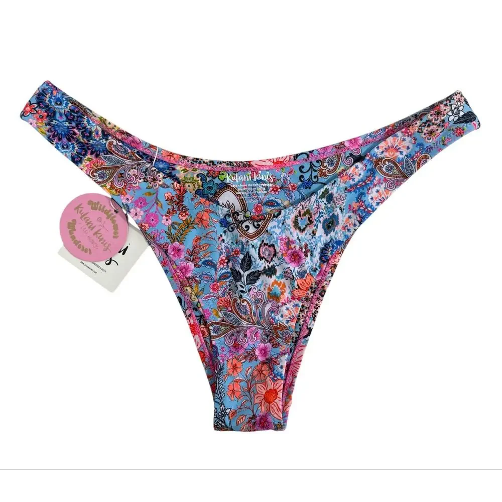 NWT Kulani Kinis Vintage V Bikini Bottom Spellbound Blue Floral Paisley Size XL